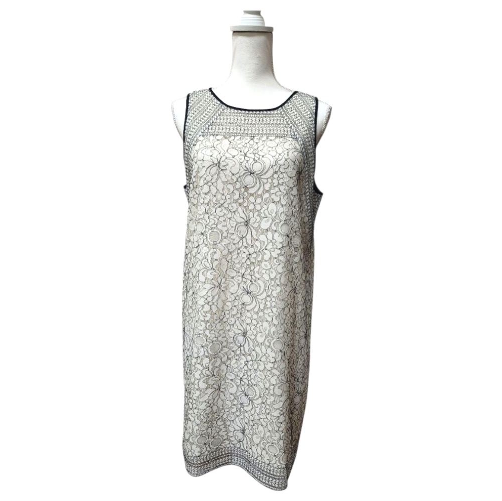 Loft Cream Sleeveless Shift Sheath Dress with Black Lace Overlay Classic Size 12